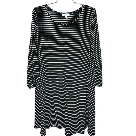 Garnet Hill stripe swing a-line tunic top 3/4 sleeve ruched cuff mini dress Sz L - Picture 1 of 4